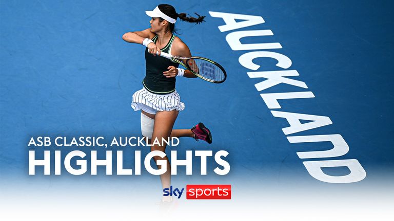 Emma Raducanu of Great Britain plays a forehand in her match against Elina Svitolina of Ukraine during the 2024 Women&#39;s ASB Classic at ASB Tennis Centre on January 04, 2024 in Auckland, New Zealand