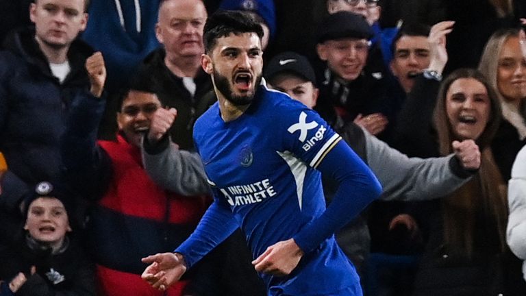 Armando Broja celebrates after heading Chelsea into the lead against Preston