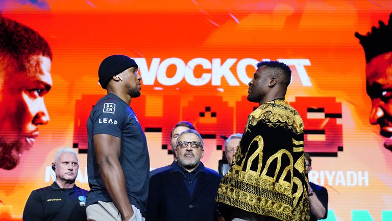 Anthony Joshua and Francis Ngannou during the press conference at HERE at Outernet, London. Picture date: Monday January 15, 2024.
