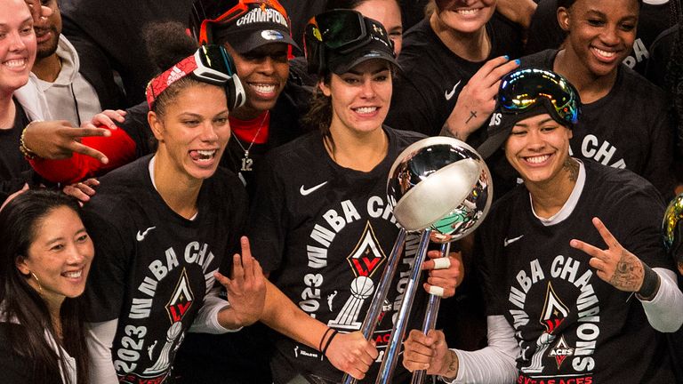 BROOKLYN, NY - OCTOBER 18: Las Vegas Aces celebrate after defeating the New York Liberty in game 4 of the 2023 WNBA Finals to win the championship on October 18, 2023, at Barclays Center in Brooklyn, NY. (Photo by M. Anthony Nesmith/Icon Sportswire) (Icon Sportswire via AP Images)