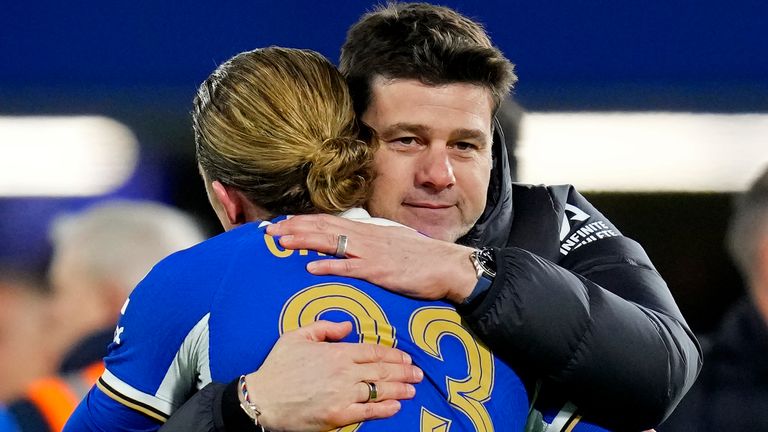 Chelsea&#39;s head coach Mauricio Pochettino, right, hugs Chelsea&#39;s Conor Gallagher to celebrate their win in the English FA Cup soccer match against Preston North End at Stamford Bridge stadium in London, Saturday, Jan. 6, 2024. (AP Photo/Kirsty Wigglesworth)