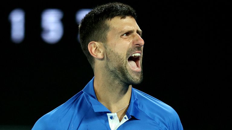 Novak Djokovic of Serbia celebrates match point in their round two singles match against Alexei Popyrin of Australia during the 2024 Australian Open at Melbourne Park on January 17, 2024 in Melbourne, Australia. (Photo by Daniel Pockett/Getty Images)