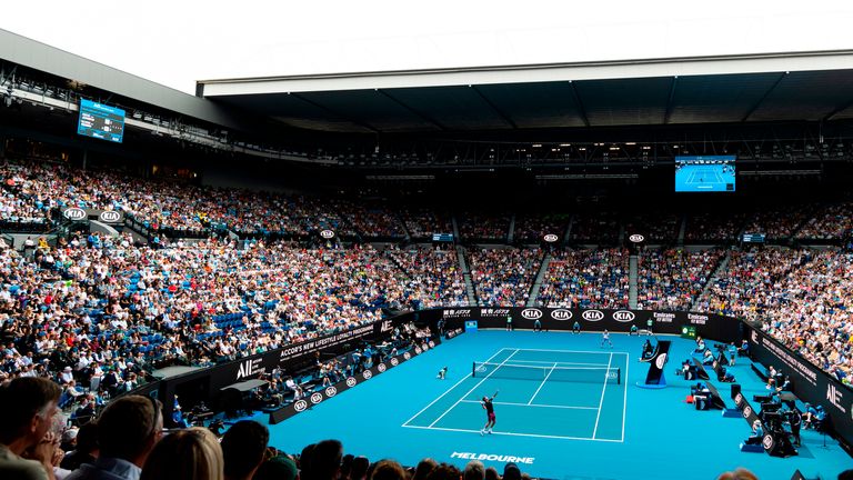 MELBOURNE, VIC - JANUARY 20: A general view of inside Rod Laver Arena during the match of Roger Federer of Switzerland and Steve Johnson of USA during round one of the Australian Open Tennis at Melbourne Park Tennis Centre on January 20, 2020 in Melbourne, Australia. (Photo by Speed Media/Icon Sportswire)